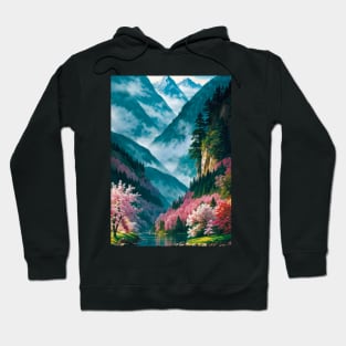 Misty River Valley with Pink Floral Trees Hoodie